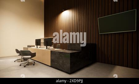bureau de réception debout dans un hall avec fond de panneaux en bois Banque D'Images