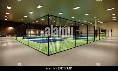 Terrain de pickleball intérieur 3D avec des couleurs bleues et vertes pour une illustration complexe sportif Banque D'Images