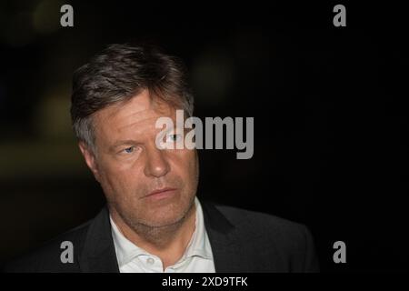 Pékin, Chine. 21 juin 2024. Robert Habeck (Alliance 90/les Verts), ministre fédéral de l’économie et de la protection du climat, s’adresse aux journalistes lors d’une visite en Chine. Habeck est arrivé en Chine dans le cadre d’un voyage en Asie de l’est. Crédit : Sebastian Christoph Gollnow/dpa/Alamy Live News Banque D'Images