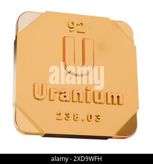 Icône d'or 3D - élément uranium (U) du tableau périodique Banque D'Images