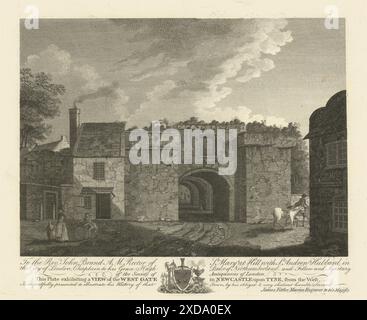 Une vue de la porte ouest à Newcastle upon Tyne, de l'ancienne estampe ouest 1789 Banque D'Images