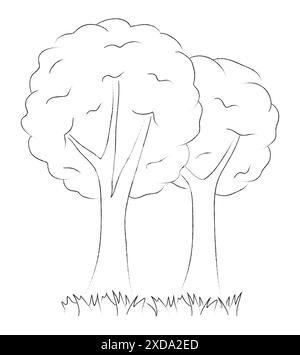 Arbres, paysage dans un style linéaire de dessin pour enfants. Symbole de la nature dessiné Illustration de Vecteur