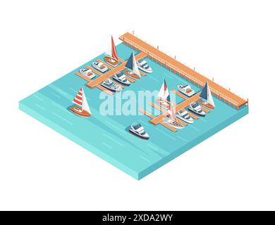 Vue isométrique en trois dimensions montrant l'illustration vectorielle de voilier de jetée de marina et de port de yacht isolée sur fond blanc. Illustration de Vecteur