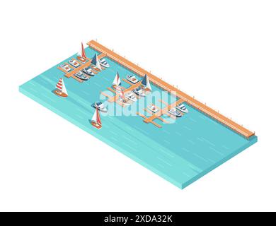 Vue isométrique en trois dimensions montrant l'illustration vectorielle de voilier de jetée de marina et de port de yacht isolée sur fond blanc. Illustration de Vecteur