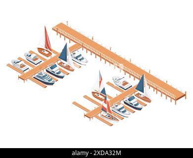 Vue isométrique en trois dimensions montrant l'illustration vectorielle de voilier de jetée de marina et de port de yacht isolée sur fond blanc. Illustration de Vecteur