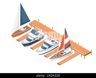 Vue isométrique en trois dimensions montrant l'illustration vectorielle de voilier de jetée de marina et de port de yacht isolée sur fond blanc. Illustration de Vecteur