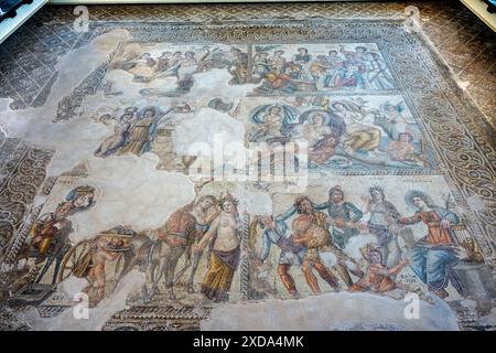 Panneaux de mosaïque, Triclinium, Maison d'Aion, site archéologique de Nea Paphos, Chypre Banque D'Images