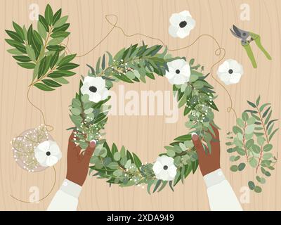 Mains féminines noires faisant couronne de mariage à l'atelier floristique avec des matériaux respectueux de l'environnement. Eucalyptus, feuilles de laurier et fleurs d'anémone. Fleuriste à Wor Illustration de Vecteur