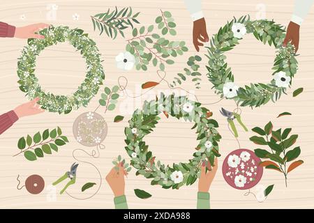 Mains féminines fabriquant des couronnes de mariage à l'atelier floristique avec des matériaux écologiques. Magnolia, eucalyptus, laurier, feuilles salales et anémone, gypsophila Illustration de Vecteur