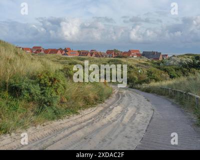 Sentier de sable à travers le paysage de dunes avec des maisons et de la végétation sous un ciel nuageux, Juist, mer du Nord, Allemagne Banque D'Images