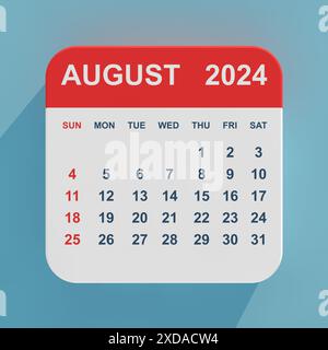 Calendrier d'icône plat août 2024 sur un fond bleu. Rendu 3D. Banque D'Images