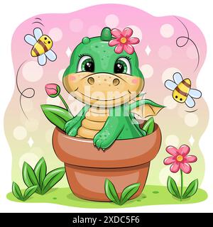 Dragon vert de dessin animé mignon dans un pot de fleurs avec des fleurs et des abeilles. Illustration vectorielle de l'animal dans la nature. Illustration de Vecteur