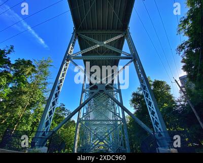 Vue en bas angle depuis le pont Henry Hudson à travers le ruisseau Spuyten Duyvil entre le Bronx et Manhattan, New York, États-Unis Banque D'Images