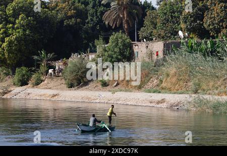 Un homme et un garçon pêchant à partir d'un bateau à rames dans le Nil devant une maison en brique de boue avec des antennes paraboliques et du bétail sur la rive fertile de la rivière. Banque D'Images