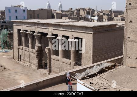 Khnum Temple à Esna, Egypte, est 9m plus bas que la ville qui l'entoure. Les filets entre les colonnes ne permettent pas d'empêcher les oiseaux d'entrer. Banque D'Images