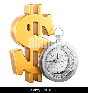 Symbole dollar avec boussole, rendu 3D isolé sur fond blanc Banque D'Images