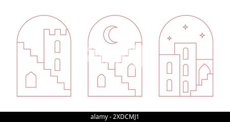 Fenêtres islamiques orientales, arches, cadres. Paysage linéaire, illustrations vectorielles de ville arabe. Illustration de Vecteur