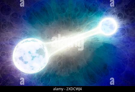 Enchevêtrement quantique. Illustration conceptuelle d'une paire de particules quantiques ou d'événements (gauche et droite) enchevêtrés interagissant à distance. L'enchevêtrement quantique est l'une des conséquences de la théorie quantique. Deux particules sembleront liées à travers l'espace et le temps, avec des changements à l'une des particules (comme une observation ou une mesure) affectant l'autre. Cet effet instantané semble être indépendant de l'espace et du temps, ce qui signifie que, dans le domaine quantique, l'effet peut précéder la cause. Banque D'Images