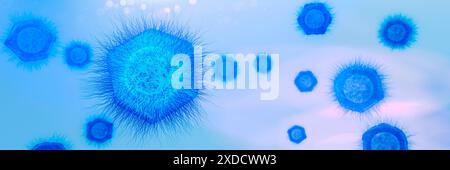 Illustrations de particules de virus géant (phylum Nucleocytoviricota). Les virus géants contiennent de l'ADN double brin, sont environ 10 fois plus gros que les virus typiques du rhume. Certaines peuvent même être plus grosses que les bactéries typiques. Banque D'Images