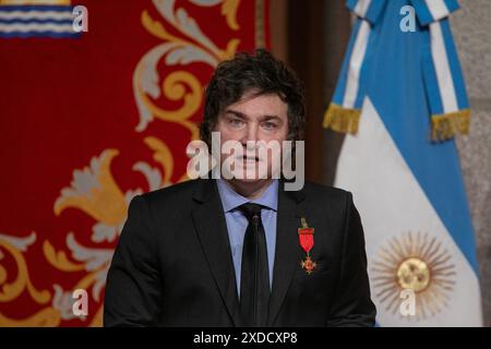 Madrid, Espagne. 21 juin 2024. Le Président de la République Argentine, Javier Milei, lors de la cérémonie de remise de la distinction honorifique de la Médaille internationale de la Communauté de Madrid à la Real Casa de Correos à Madrid, Espagne. La présidente de la Communauté de Madrid, Isabel Díaz Ayuso, a reçu cet après-midi à la Real Casa de Correos, siège de l'exécutif régional, le président de l'Argentine, Javier Milei, à qui elle a décerné la Médaille internationale de la Communauté de Madrid. Crédit : SOPA images Limited/Alamy Live News Banque D'Images