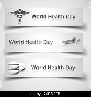 bannières de la journée mondiale de la santé avec des éléments médicaux Illustration de Vecteur