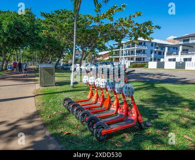 Rangée de scooters électriques rouges à louer, Strand Park, Townsville, Far North Queensland, FNQ, Queensland, Australie Banque D'Images