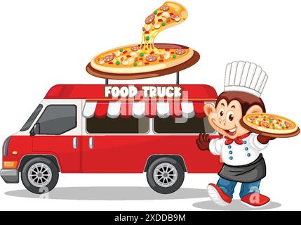 Chef de bande dessinée servant des pizzas du food truck Illustration de Vecteur