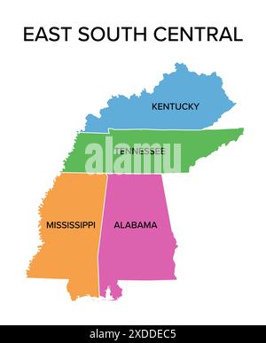 états du Centre-est du Sud, carte politique multicolore. Division de recensement des États-Unis de la région Sud. Banque D'Images