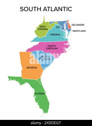 etats de l'Atlantique Sud, carte politique multicolore. Division de recensement des États-Unis de la région Sud. Banque D'Images