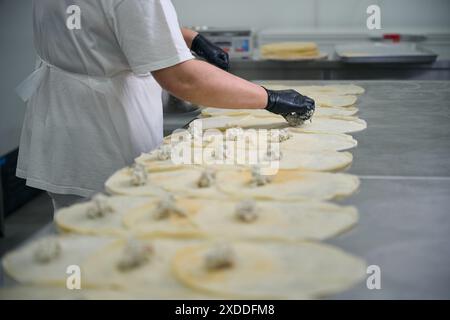 L'employé de cuisine met la garniture de poisson sur les crêpes rondes Banque D'Images