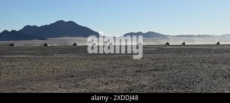 Neuf quads d'affilée sur leur chemin dans le désert du Namib avec une traînée de poussière avec des montagnes en arrière-plan Banque D'Images