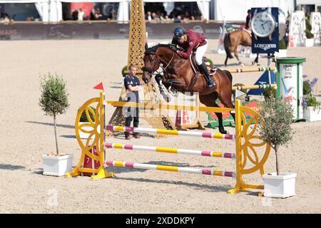 Christian Ahlmann d'Allemagne avec D'aganix 2000 Z lors de la compétition de saut d'obstacles du Prix Turkish Airlines CSI5* au Longines Paris Eiffel Jumping le 21 juin 2024, Paris, France (photo par Maxime David - MXIMD Pictures) Banque D'Images