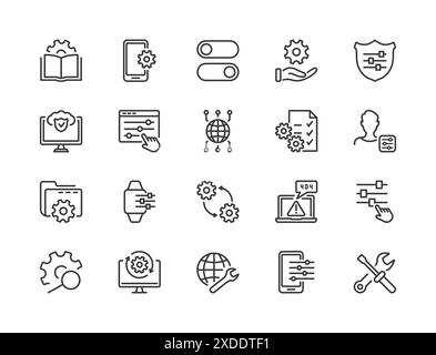 Ensemble simple de configuration, de réparation et de paramètres. Icônes d'engrenage, de tournevis et de ligne de clé. Support technique, Paramètres et options ensemble d'icônes de ligne vectorielle associées Illustration de Vecteur