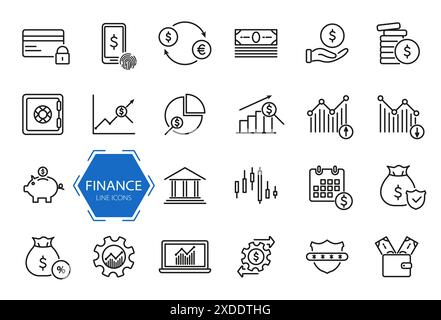 Ensemble d'icônes financières. Argent, finances, icônes de ligne de paiement. Finance et analytique. Jeu de pictogrammes de lignes d'investissement, d'affaires et bancaires Illustration de Vecteur