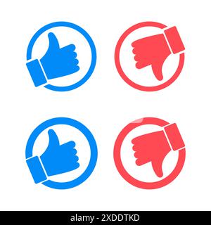 Aimez et n'aimez pas les icônes plates vectorielles. Icônes pouce vers le haut et pouce vers le bas. Bouton bleu comme, bouton rouge comme n'aime pas. Éléments de conception pour smm, publicité, marketing, interface utilisateur Illustration de Vecteur