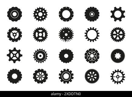 Jeu d'engrenages machine noir. Roues dentées de transmission et icônes d'engrenage isolés sur fond blanc. Collection de roues dentées et de roues dentées. Divers éléments de conception Illustration de Vecteur