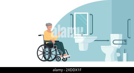 Femme handicapée heureuse donnant un pouce vers le haut et une toilette accessible, espace de copie Illustration de Vecteur