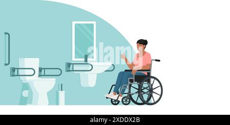 Femme handicapée heureuse donnant un pouce vers le haut et une toilette accessible, espace de copie Illustration de Vecteur