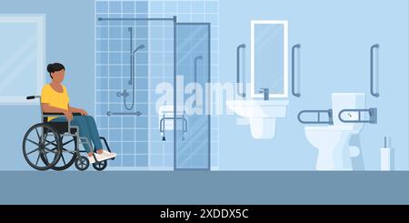 Femme en fauteuil roulant dans une salle de bain accessible, intérieurs de chambre et concept d'accessibilité Illustration de Vecteur