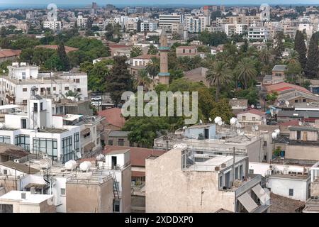 L'horizon de la ville de Nicosie montre la mosquée omeri entourée d'arbres verdoyants à chypre Banque D'Images