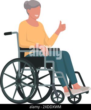 Heureuse femme âgée dans un fauteuil roulant donnant un pouce vers le haut, soins seniors et concept d'assistance Illustration de Vecteur