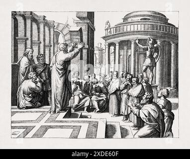 Saint Paul prêchant à Athènes devant le temple dédié au Dieu Arès. Gravure de Marc-Antoine d'après un dessin de Raphaël. Banque D'Images