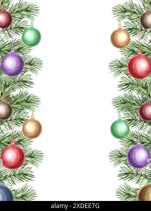 Boules d'arbre de Noël avec des arcs sur la branche d'épicéa. Illustration d'aquarelle dessinée à la main. Noël, nouvel an décoration sur PIN, branche de sapin. Vintage Banque D'Images