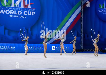 Assago, Italie. 21 juin 2024. Team Italy pendant la Coupe du monde de gymnastique rythmique FIG, au Forum Unipol, Milan le 21 juin 2024 pendant gymnastique rythmique - Coupe du monde 2024 Groupe 5 Hoops, gymnastique à Assago, Italie, 21 juin 2024 crédit : Agence photo indépendante Srl/Alamy Live News Banque D'Images