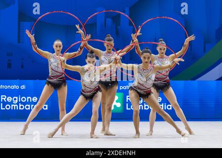 Assago, Italie. 21 juin 2024. Team France lors de la Coupe du monde de gymnastique rythmique FIG, au Forum Unipol, Milan le 21 juin 2024 lors de gymnastique rythmique - Coupe du monde 2024 Groupe 5 Hoops, gymnastique à Assago, Italie, 21 juin 2024 crédit : Agence photo indépendante Srl/Alamy Live News Banque D'Images