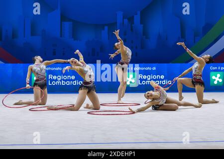 Assago, Italie. 21 juin 2024. Team France lors de la Coupe du monde de gymnastique rythmique FIG, au Forum Unipol, Milan le 21 juin 2024 lors de gymnastique rythmique - Coupe du monde 2024 Groupe 5 Hoops, gymnastique à Assago, Italie, 21 juin 2024 crédit : Agence photo indépendante Srl/Alamy Live News Banque D'Images