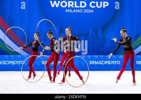 Assago, Italie. 21 juin 2024. Team Ukraine pendant la Coupe du monde de gymnastique rythmique FIG, au Forum Unipol, Milan le 21 juin 2024 pendant gymnastique rythmique - Coupe du monde 2024 Groupe 5 cerceaux, gymnastique à Assago, Italie, 21 juin 2024 crédit : Agence photo indépendante Srl/Alamy Live News Banque D'Images