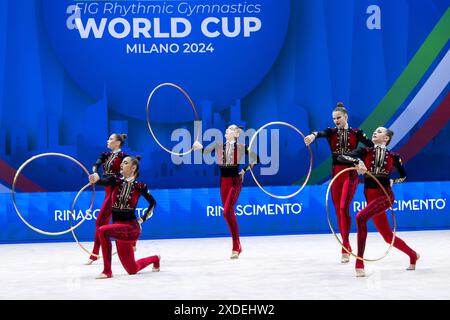 Assago, Italie. 21 juin 2024. Team Ukraine pendant la Coupe du monde de gymnastique rythmique FIG, au Forum Unipol, Milan le 21 juin 2024 pendant gymnastique rythmique - Coupe du monde 2024 Groupe 5 cerceaux, gymnastique à Assago, Italie, 21 juin 2024 crédit : Agence photo indépendante Srl/Alamy Live News Banque D'Images