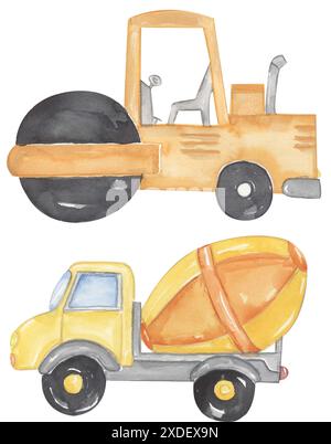 Illustration de transport routier aquarelle, voiture de mélangeur de béton et clip art de machine à rouleaux, éléments de travailleurs de la route Banque D'Images