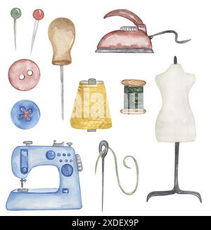 Illustration d'éléments de tailleur d'aquarelle, machine à coudre, poinçon, aiguille, mannequin, jeu de cliparts de broche, fer, bouton et fils Banque D'Images